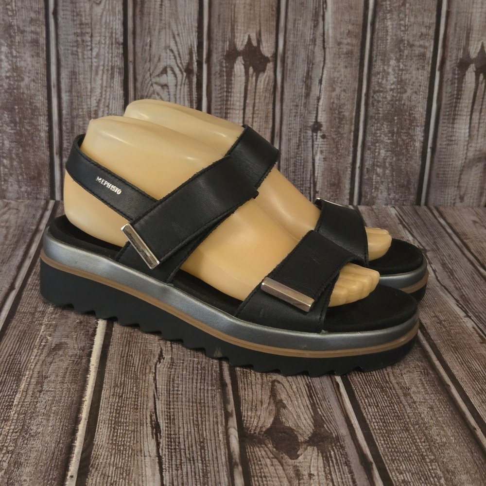 Sz 39 / 9 Mephisto Dominica Black Leather Platform Slingback Sandals Excellent